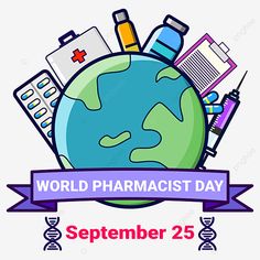 the world pharmact day logo with medical items around it, and an inscription that reads