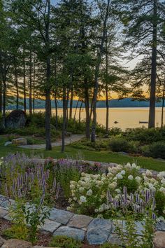 a garden with flowers and trees next to the water at sunset or sunrise in summer