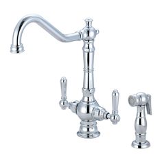 a chrome faucet with two handles and nozzles on the side, in front of a white background