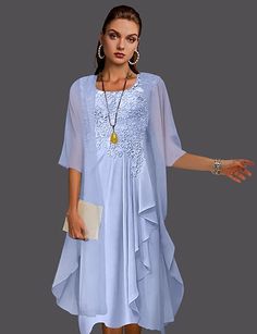 Chiffon Coat, Chiffon Jacket, Women's A Line Dresses, Dress With Pleats, Solid Color Dress, Round Neck Dresses, Fall Wedding Dresses, Mother Of The Bride Dress, Chiffon Lace