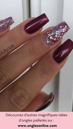 Ongle Bordeau et Paillette Gel Nail Art Designs, Elegant Nail Designs, Christmas Nails Acrylic, Coffin Nails Long, Bride Nails, Pretty Nail Art, Nail Art Rhinestones, Nail Designs Spring