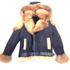 Temer Men's Navy Blue Over Sized Fox Fur Collar/ Hooded Shearling Jacket - Dudes Boutique Hooded Sheepskin Winter Outerwear, Shearling Aviator Fur Coat With Faux Fur Lining, Aviator Shearling Fur Coat With Faux Fur Lining, Shearling Fur Coat With Fleece Lining For Cold Weather, Hooded Outerwear With Faux Fur Trim In Sheepskin, Hooded Outerwear With Faux Fur Trim And Sheepskin, Hooded Sheepskin Outerwear With Faux Fur Trim, Sheepskin Hooded Outerwear With Faux Fur Trim, Luxury Hooded Winter Fur Coat