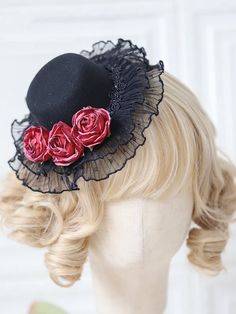 This price is for a mini hat only, others are not included. Lolita Accessories:Floral Design / Mini Hat with Clips Size Free Size Lace Diameter 18 1900s Accessories, Villain Accessories, Oc Accessories Ideas, Rose Monster, Halo Oc, Rose Headpiece, Steampunk Hairstyles, Lace Hat, Rose Hat