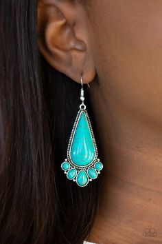 A dainty collection of round, oval, and teardrop turquoise stones fan out from the bottom of an oversized teardrop turquoise frame for a simple seasonal flair. Earring attaches to a standard fishhook fitting. Sold as one pair of earrings. Turquoise Frame, Fish Hook Earrings, Paparazzi Accessories, Turquoise Stones, Paparazzi Jewelry, Blue Earrings, Multi Stone, Fish Hook, Stone Earrings