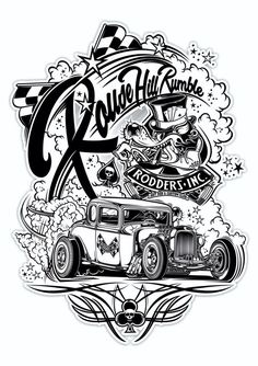 an old time car with the words rock and roll rumble on it's side