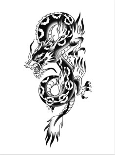 a black and white dragon tattoo design