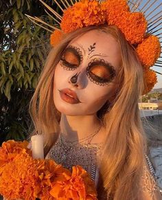 Sugar Skull Outfit Ideas, Dia De Muertos Makeup For Women, Katrina Makeup La Catrina, Orange Catrina Makeup, Dia De Muertos Costume Ideas, Day Of The Dead Photoshoot, Hispanic Costume Ideas, Day Of The Dead Halloween Costume, Day Of The Dead Make Up