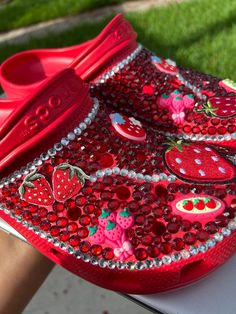 Personalized blinged crocs to your liking. All rhinestones are placed by hand. Can be customizable based off theme, or even color. Please message me if you have any questions. Rhinestone Crocs Shoes Diy, Blinged Crocs, Croc Ideas, Bedazzled Stuff, Cool Crocs, Customize Shoes, Crocs With Charms, Red Crocs, Bedazzled Shoes