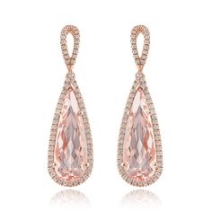 Lovely gemstones set in rose gold, these 9.52 carat mystical Morganites add a touch of fresh sexiness to these earrings. Set in 14K gold, there will be no denying the durability of these earrings paired with the everlasting salmon colored beryl. Although cousin to the Emerald, Morganites are very different and are exceptionally clear making this gem a treat to look at. Paired with diamonds upon an intricate gold mesh, these earrings will be eternally trendy. 
ECK30127-MORG
#376979 Luxury Rose Gold Teardrop Earrings, Formal Pink Gold Gemstone Earrings, Rose Gold Pear-shaped Diamond Earrings, Pear-shaped Rose Gold Earrings For Formal Occasions, Rose Gold Pear-shaped Earrings For Formal Occasions, Formal Pear-shaped Rose Gold Earrings, Formal Rose Gold Pear-shaped Earrings, Rose Gold Diamond Earrings With Gemstone, Rose Gold 14k Gold Diamond Drop Earrings