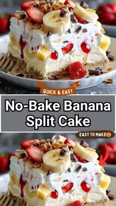 no bake banana split cake on a plate