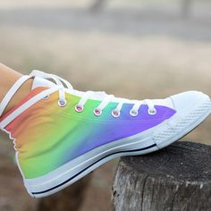 Super cool and comfortable rainbow shoes with a cool tie dye print! Our custom made shoes are sure to attrack some attention! All of our sneakers are custom-made-to-order and handcrafted to the highest quality standards Check out more of our footwear here: https://www.etsy.com/shop/unicornshoesshop/ Product Name: Rainbow Print Shoes | Tie Dye Print Sneakers | Rainbow Clothing Custom High Top Sneakers For Adults Women & Men Product Features; ▶ Full canvas double sided print with rounded toe c Rainbow Clothing, Shoes Tie, High Tops Sneakers, Men's High Top Sneakers, Rainbow Shoes, Custom Made Shoes, Rose Shoes, Rainbow Outfit, Personalized Shoes