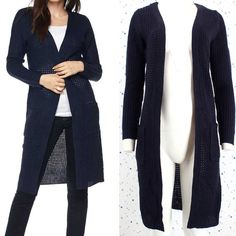 Color: Navy 100% Acrylic Waffle Knit Sweater Cardigan Duster, Long Line Length Open Front Pockets Approximate Measurements (Flat Lay): Bust: S-18 / M-19 / L-20 Length: 38-39 * Color May Vary Due To Screen Display Setting. More Colors Available. #1310-331 Blue Winter Cardigan For Layering, Blue Open Front Sweater For Fall, Blue Knit Cardigan For Work, Blue Cardigan For Winter Layering, Blue Winter Cardigan For Work, Blue Open Knit Outerwear For Spring, Long Sleeve Open Knit Cardigan For Work, Long Sleeve Open Knit Sweater For Work, Winter Open Knit Sweater Coat For Layering