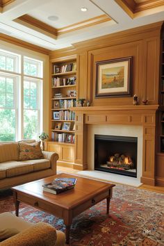 a living room filled with furniture and a fire place in front of a large window