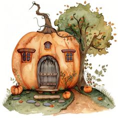 a watercolor painting of a pumpkin shaped house