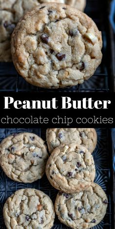 peanut butter chocolate chip cookies on a cooling rack with the words, how to make peanut butter chocolate chip cookies