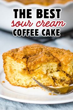 slice of sour cream coffee cake on plate with fork