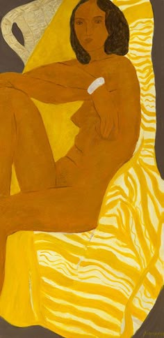 a painting of a naked woman laying on a yellow and white bed spread with her arms crossed