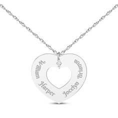 Present a gift to Mom or Grandma that goes right to the heart with this personalized necklace. Crafted in sterling silver The heart design features a shimmering diamond accent and center cutout Add up to five names The pendant suspends along an adjustable 18-inch rope chain that secures with a spring ring clasp Personalized White Gold Heart Necklace For Mother's Day, Heart Pendant Necklace With Names For Anniversary, Silver Heart Pendant Jewelry With Names, Silver Open Heart Name Necklace For Personalized Gift, Personalized White Gold Heart Necklace Gift, Customizable Silver Heart Necklace For Anniversary, Silver Name Necklace With Open Heart Shape, Silver Open Heart Name Necklace, Customizable Open Heart Necklace For Anniversary