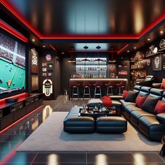 Step inside this sleek, modern man cave with a striking black and red color theme. It's furnished with a leather sofa, a colossal curved screen TV, a top-class billiards table, a vintage jukebox, a well-stocked mini bar, and chic bar stools. The shine of neon lights casts a cozy yet vibrant allure on sports memorabilia each telling a story. 

#ManCave #InteriorDesign #HomeDecor #ModernDesign #EntertainmentRoom #GameRoom Man Cave Luxurious, Sports Bar In Basement, Gaming Room Man Cave, Man Cave Black Walls, Modern Man Cave Ideas Interior Design, Modern Man Cave Design, Man Cave Gaming Room, Man Cave Lighting Ideas, Black Man Cave