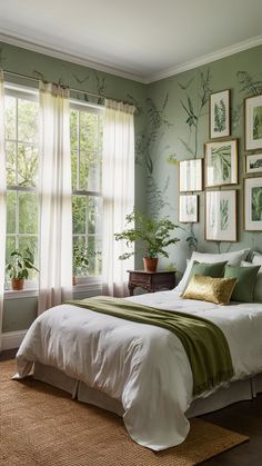 a bedroom with green walls and pictures on the wall above the bed, along with an area rug