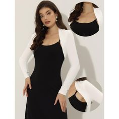 This versatile shrug is a must-have for any fashion-forward wardrobe. Its soft and lightweight knit material makes it comfortable to wear, while the long sleeves and crop length offer a chic and modern look. The clean, collarless silhouette is precisely cropped above the waist, making it the perfect cover-up for any occasion or event. You can easily pair it with a white dress or sleeveless dress to showcase your graceful gesture. With its contemporary design and effortless style, this shrug is s Elegant Stretch Shrug For Layering, Chic Long Sleeve Shrug For Layering, Elegant Long Sleeve Shrug For Layering, Stretch Long Sleeve Shrug For Layering, Elegant Stretch Open Front Shrug, Elegant Long Sleeve Stretch Shrug, Elegant Fitted Cropped Shrug, Solid Color Stretch Long Sleeve Shrug, Luxury Long Sleeve Fitted Shrug