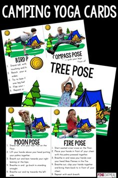 Camping Yoga is perfect for kids yoga!  I love how all the yoga poses are related to camping and they are so cute!  Perfect for a camping unit, camping lover or brain break!  #kidsyoga #brainbreaks #campingthemed #physicaltherapy Camping Day Activities In The Classroom, Camping Week Preschool, Camping Theme Gross Motor Activities, Camping Small Group Activities, Camping Lesson Plan Activities, Camping Preschool Theme, Camping Lesson Plans Kindergarten, Compass Pose, Camping Yoga For Kids