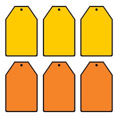 four orange tags are shown in the shape of an oval, square and rectangle