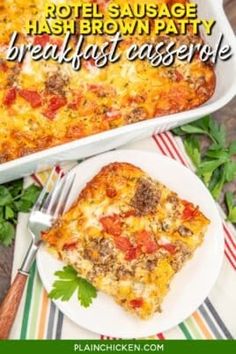 a white plate topped with a slice of pizza next to a casserole dish