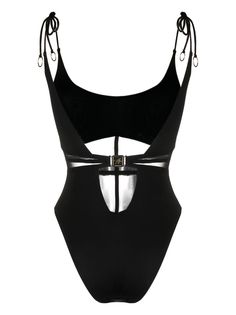 a woman wearing a black one piece swimsuit with metal buckles on the side