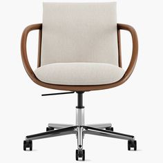 an office chair with wooden arms and wheels