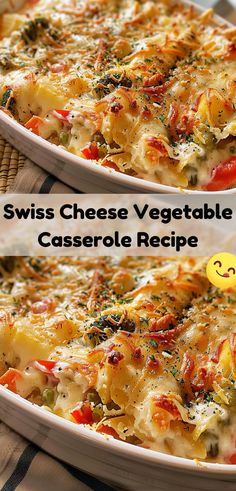 two photos of a casserole dish with cheese and vegetables