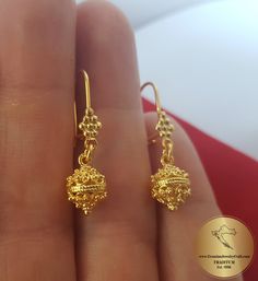 "★ Traditional Croatian filigree ball earrings, handcrafted in solid 14 k gold. Replicas of 19th century Ethnic, Heritage jewelry from Dubrovnik - Dalmatia region. Simple in style, versatile to wear with any outfit, and perfect for any occasion. Earrings end with decorative, secure latching type of ear-wires. ★ *These earrings are handmade on order in 7-10 business days* Due to the handmade creation, every pair is unique, so there can be tiny variations in dimensions of the finished earrings. Th Cheap Gold Chandbalis For Women, Luxury Gold Chandbalis, Cheap Gold Temple Jewelry Danglers, Cheap Gold Chandbalis For Festive Occasions, Luxury Gold-plated Gold Chandbalis, Traditional Antique Gold Earrings For Ceremonial Occasions, Traditional 14k Gold Earrings, Long Somali Gold Earrings, Traditional Handmade 14k Gold Earrings