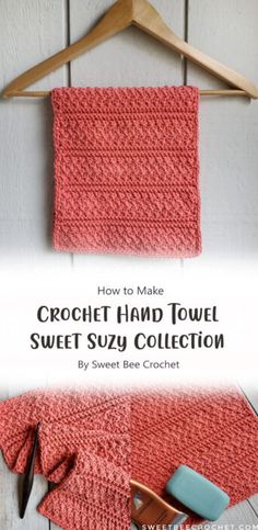 the crochet hand towel is hanging on a wooden hanger with scissors and yarn