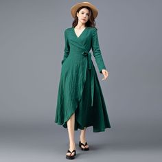 "★★ FEATURES * Pure linen fabric * Two side seam pockets * Wrap dress with belt on waist * V neckline * Midi length * Perfect for Spring, Summer, Autumn * Wash by hand or machine with cold water ★★ The model is 165 cm (5′ 5″) tall with a 80 cm (31.5\") bust, 66 cm (26\") waist. She is wearing the brown linen skirt in size XS. ★★ Bespoke Order Service If you Request other color Request the length Your height is not between 155 cm- 172 cm Your weight is over 75 kg I can do it for you, It will need Green A-line Long Sleeve Dress For Spring, Chic Long Wrap Dress For Spring, Spring Green Midi Wrap Dress, Long Green Dresses For Fall, Fitted Long Wrap Dress For Spring, Casual Fitted Long Sleeve Wrap Dress, Green Fitted Wrap Dress, Fitted Green Wrap Dress, Fitted Green Long Sleeve Summer Dress