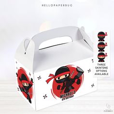 a white box with an image of a ninja on it and the words hello paper bag