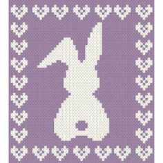 a purple and white knitted pattern with an image of a rabbit in the middle