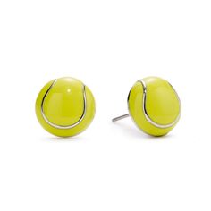 a pair of yellow earrings with silver posts and an oval design on the outside of each ear