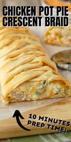 the chicken pot pie crescent bread is cut in half and ready to be eaten with text overlay