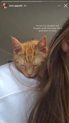 an orange cat sleeping on the back of a woman's head with her eyes closed