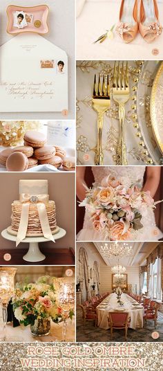 a collage of photos with gold and white wedding decorations, flowers, and cake