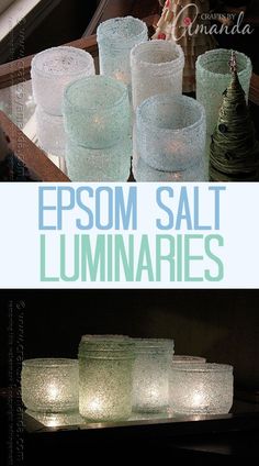 some glass candles sitting on top of a table next to each other and the words epsom salt luminaries above them