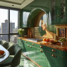 a woman's face is reflected in the mirror on this green kitchen cabinetry