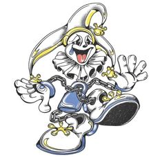 an image of a cartoon character with chains on his feet and shoes in the air