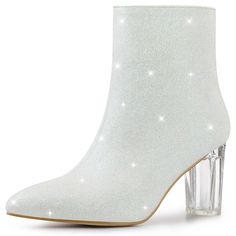 Can't help falling in love with these sparkly booties. The Glitter Ankle Boots have high block heels, a pointed toe, a low shaft that zips up the inside, and a safe cover on the mouth of shoes to prevent rubbing from the glitter. The glitter design will make you stand out in the crowd. It is a great choice for dating and hanging out with friends. It will win your heart via your feet. Sparkling Pointed Toe Heels For Fall, Sparkling Pointed Toe Winter Boots, Party Heeled Boots With Stacked Low Heel, Winter Party Heels With Stacked Heel, Halloween Costume Boots, Glitter Ankle Boots, Ankle Boots White, High Block Heels, Can't Help Falling In Love