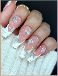 Bold nails for your next manicure December January Nails, Nails Snowflakes Winter, Winter Snow Nail Designs, Snowflake Stiletto Nails, Almond Nails Snowflakes, White Christmas Nail Designs Snow Flake, Pink White Christmas Nails, Snow Nails Winter White, December Nails 2023