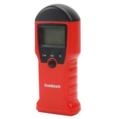 a red and black digital meter on a white background