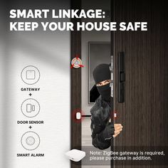 a person in a black mask is opening a door with the text smart linkage keep your house safe