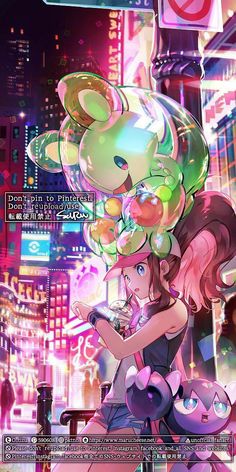 an anime character holding balloons in front of a cityscape with buildings and neon lights