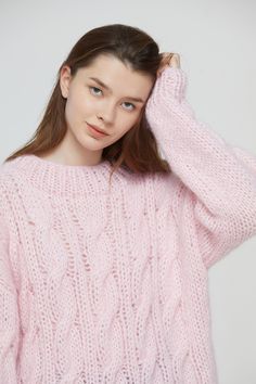 "Beautiful cable knit mohair sweater is the best item for your wardrobe. It suits your skirts, jeans and shorts. Simple and stylish! Features: * Large cable knit pattern on front and sleeves * oversize looking * drop-shoulder sleeves * 70% kid mohair / 30% acrylic blended yarn - soft and light weight Size: S(us 0-4) M(us 6-8) L(us 10-12)XL(us 14-16). Measurements: Size S/M: Chest - 47\"(120cm) Length - 26\" (66cm) Size L/XL: Chest - 51\"(130cm) Length - 28\" (71cm) Colors: Pls. see color chart f Oversized Mohair Cable Knit Sweater, Knit Mohair Sweater, Long Sweaters For Women, Skirts Jeans, Pink Out, Womens Sweaters, Oversize Women, Wool Turtleneck, Long Sweater