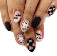 Halloween Press on Nails: Halloween almond press on nails with cute ghost, bat pattern make you look more charming. Easy to create a Halloween happy atmosphere during Halloween time. Package Include: You will receive 24pcs halloween short fake nails, 24pcs double-side glue stickers, 1pcs nail file, 1 wooden stick, don\\u2019t need to purchase anything else. High Quality: These short press on nails with designs are made of healthy ABS material, th Nail Ideas Spooky, Nails 2023 Trends Halloween, Halloween Nails Acrylic Black, Modern Halloween Nails, Spooky Season Nails Short, Pumpkin And Ghost Nails, Retro Halloween Nails, Boho Halloween Nails, Short Nail Halloween Designs